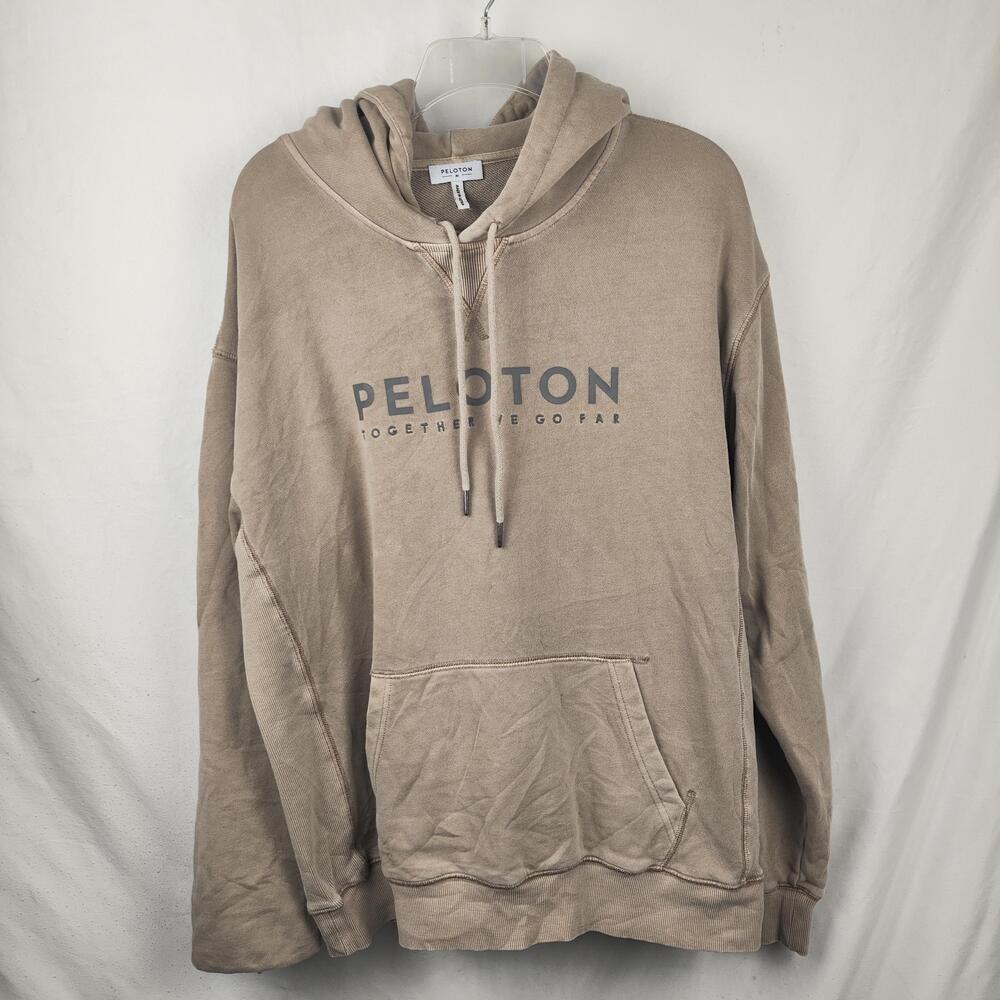 Peloton Hoodie Mens Medium Beige Together We Go Far Pullover Logo Sweatshirt